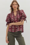 entro floral print split neckline ruffle bow detail fall blouse burgundy