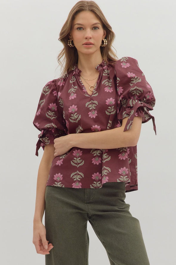 entro floral print split neckline ruffle bow detail fall blouse burgundy