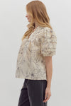 entro floral print v-neck button front pleated short puff sleeve blouse ecru
