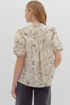 entro floral print v-neck button front pleated short puff sleeve blouse ecru