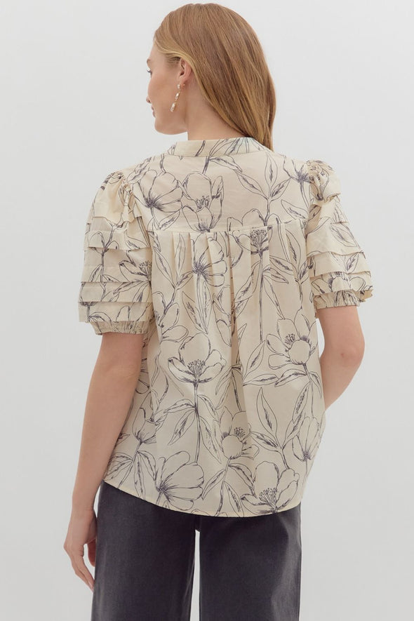 entro floral print v-neck button front pleated short puff sleeve blouse ecru