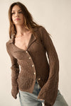 espresso pointelle knit collared button front long bell sleeve cardigan promesa