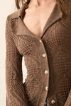 espresso pointelle knit collared button front long bell sleeve cardigan promesa