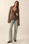 espresso pointelle knit collared button front long bell sleeve cardigan promesa