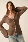 espresso pointelle knit collared button front long bell sleeve cardigan promesa