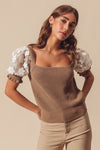 floral short sleeve lace puff sleeve square neck cropped sweater knit top coffee brown