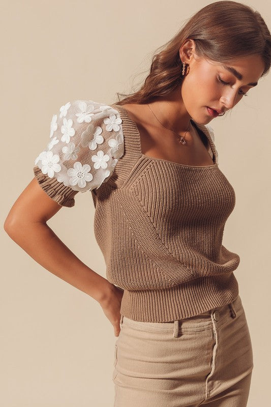 floral short sleeve lace puff sleeve square neck cropped sweater knit top coffee brown