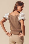 floral short sleeve lace puff sleeve square neck cropped sweater knit top coffee brown