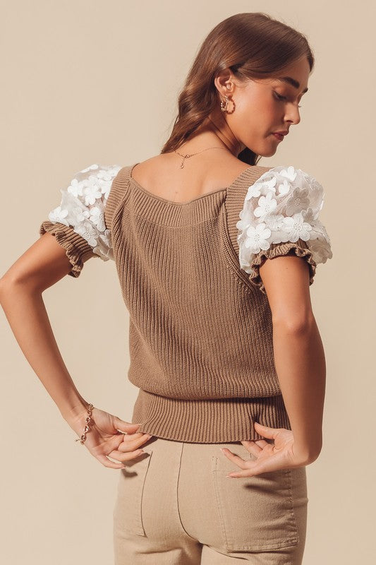 floral short sleeve lace puff sleeve square neck cropped sweater knit top coffee brown