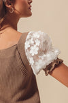 floral short sleeve lace puff sleeve square neck cropped sweater knit top coffee brown