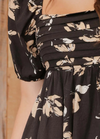 floral square neck pleated bodice puff sleeve mini dress black tan cream