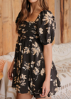 floral square neck pleated bodice puff sleeve mini dress black tan cream