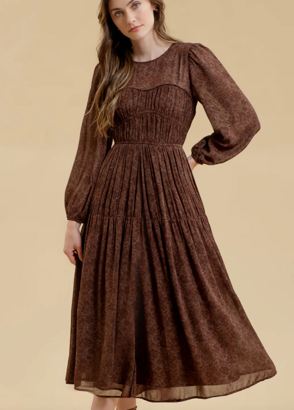 floral sweetheart illusion neck long sleeve shirred maxi dress brown