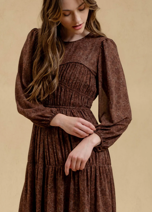 floral sweetheart illusion neck long sleeve shirred maxi dress brown