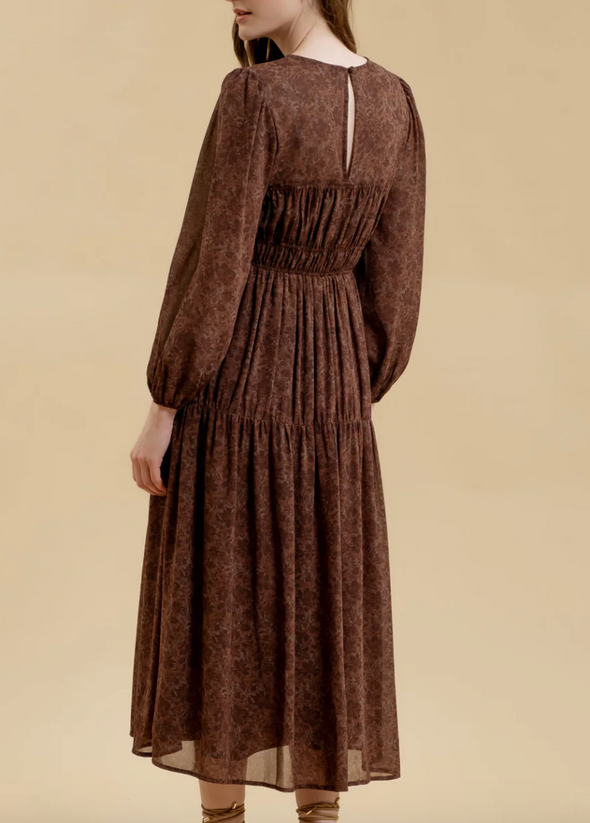 floral sweetheart illusion neck long sleeve shirred maxi dress brown