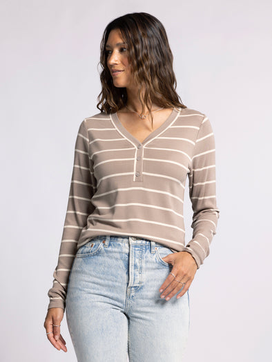 frankie top thread & supply v neckline striped henley long sleeve ribbed top mink taupe white