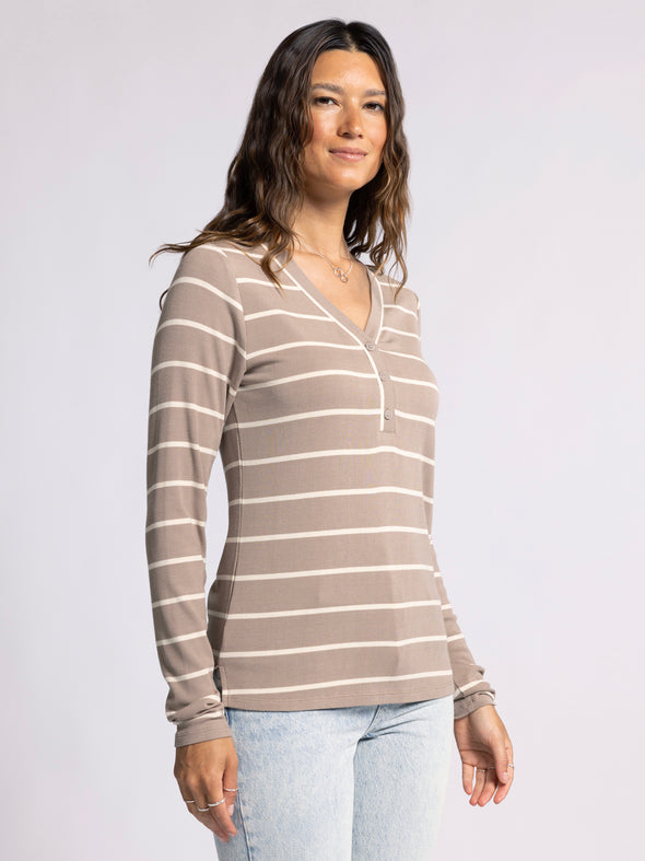 frankie top thread & supply v neckline striped henley long sleeve ribbed top mink taupe white