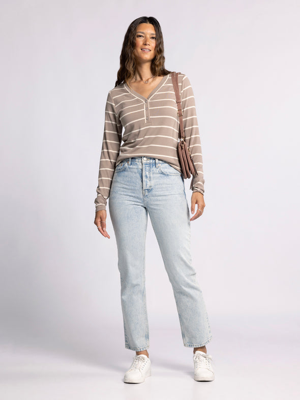 frankie top thread & supply v neckline striped henley long sleeve ribbed top mink taupe white