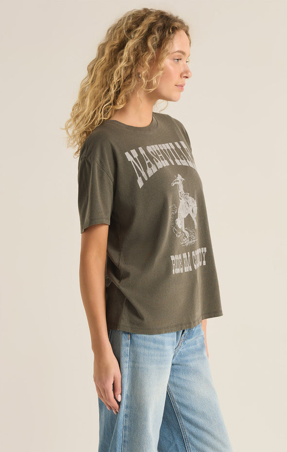 z supply nashville boyfriend tee cowboy country western graphic t-shirt relaxed fit crewneck short sleeve grape leaf olive