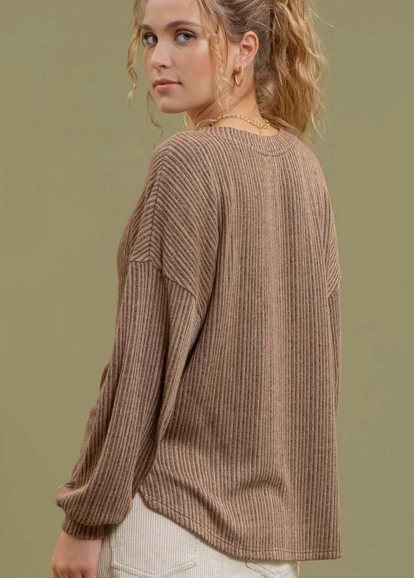 half button striped rib knit long sleeve top brown