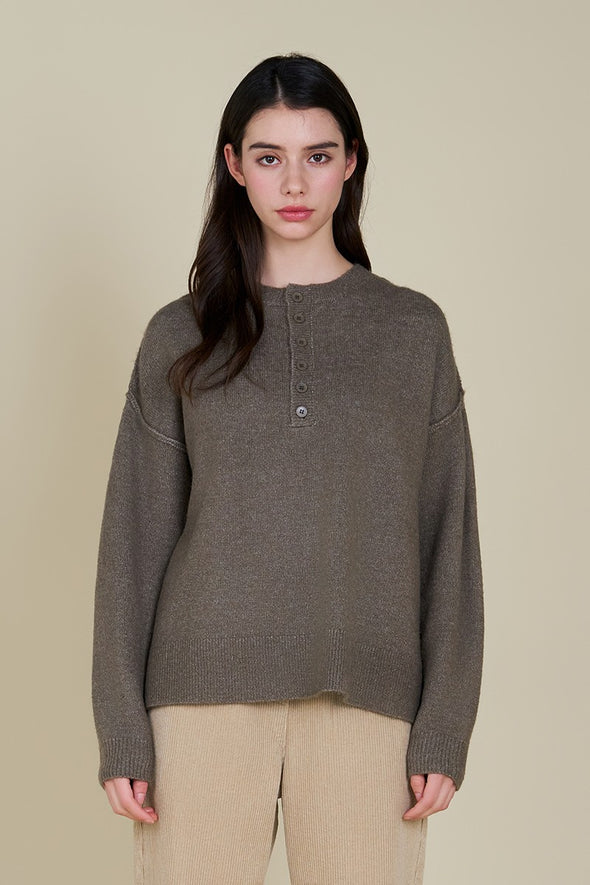 half placket sweater grade & gather henley oversized long sleeve womens basic fall winter sweater field grey