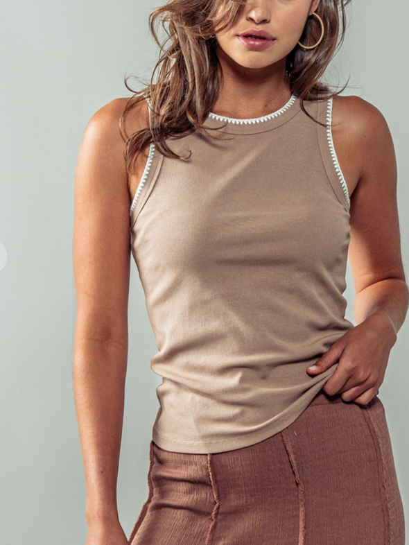 high neck ribbed tank with crochet stitching detail basic top taupe