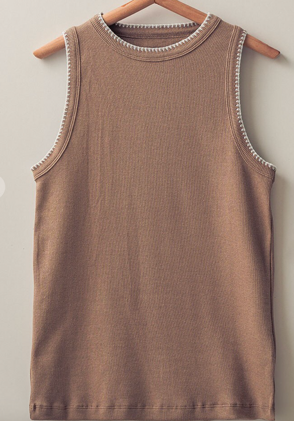 high neck ribbed tank with crochet stitching detail basic top taupe