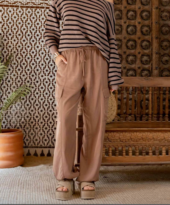 high waist drawstring tencel lyocell soft cargo wide leg pant brown