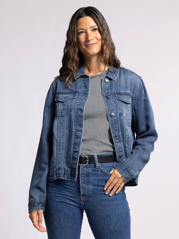 jackie jacket thread & supply dark denim classic lightweight relaxed fit womens denim jacket