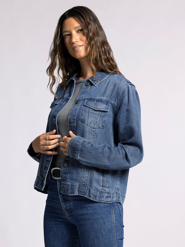 jackie jacket thread & supply dark denim classic lightweight relaxed fit womens denim jacket