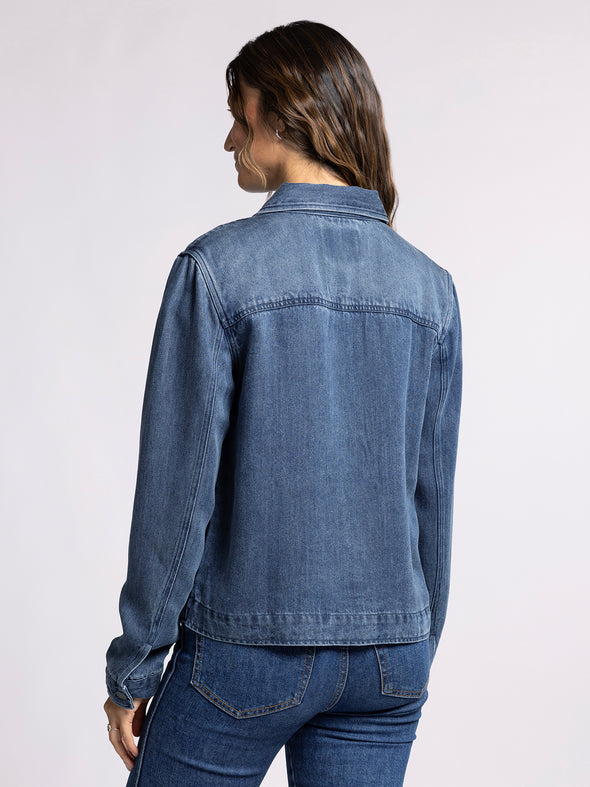 jackie jacket thread & supply dark denim classic lightweight relaxed fit womens denim jacket