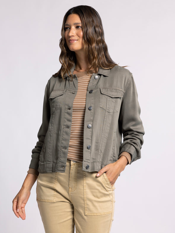 jackie jacket thread & supply dusty olive classic lightweight relaxed fit womens denim jacket