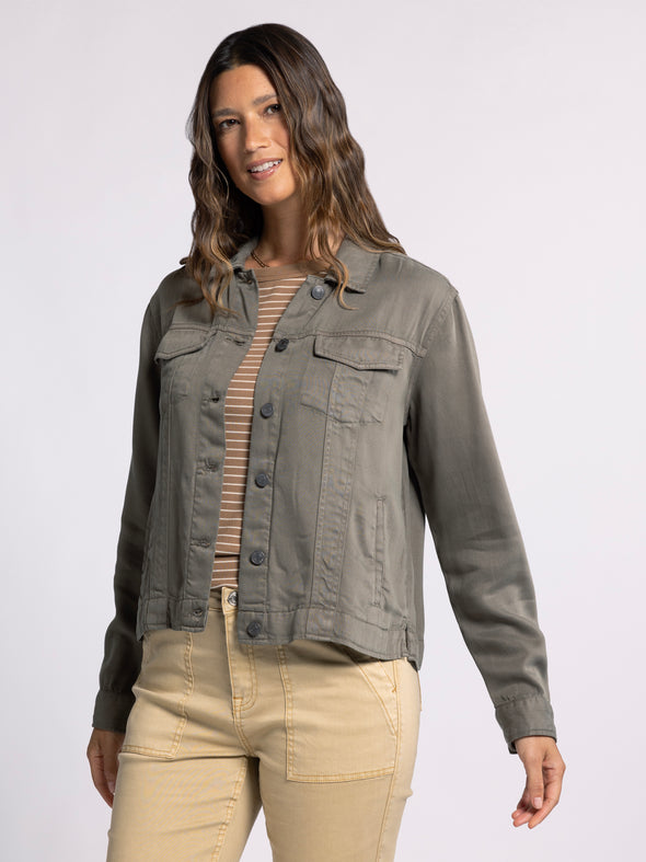 jackie jacket thread & supply dusty olive classic lightweight relaxed fit womens denim jacket