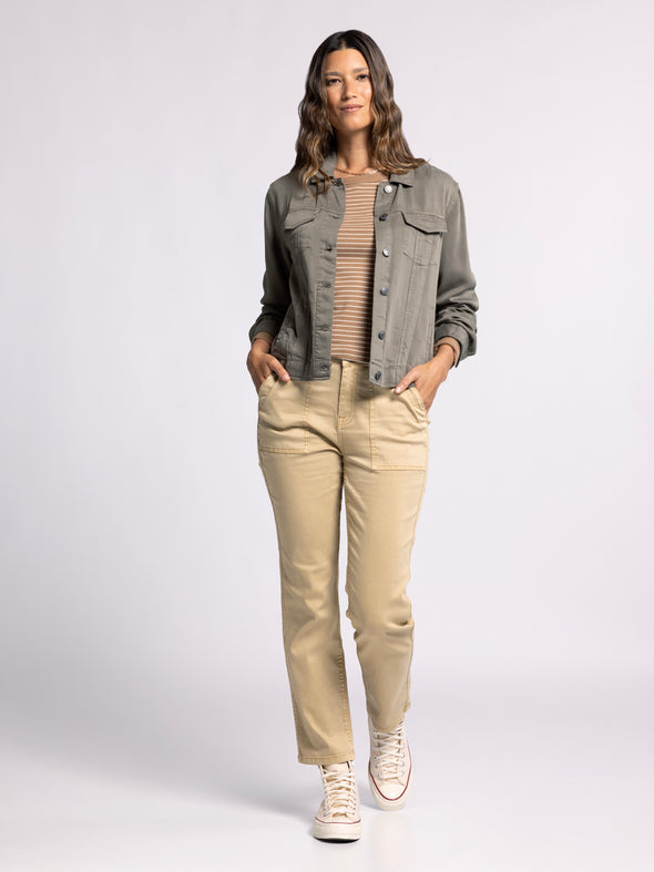 jackie jacket thread & supply dusty olive classic lightweight relaxed fit womens denim jacket