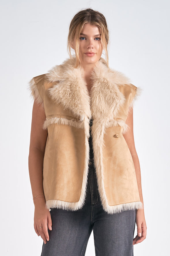 elan long faux fur suede vest tan oversized fit