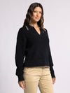 joel sweater thread & supply womens fall winter collared v-neck pullover sweater with varsity stripe detail raven black