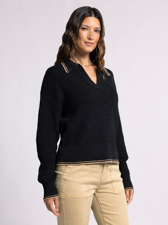 joel sweater thread & supply womens fall winter collared v-neck pullover sweater with varsity stripe detail raven black