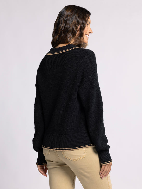 joel sweater thread & supply womens fall winter collared v-neck pullover sweater with varsity stripe detail raven black