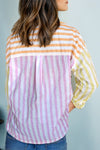 kentce mixed stripe contrast collar long sleeve patchwork button up summer shirt pink orange lime