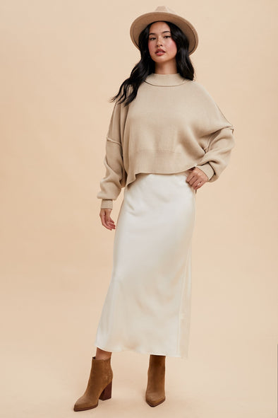 knit mock neck pullover sweater cropped exposed seams balloon sleeve side slit oversized relax fit oatmeal