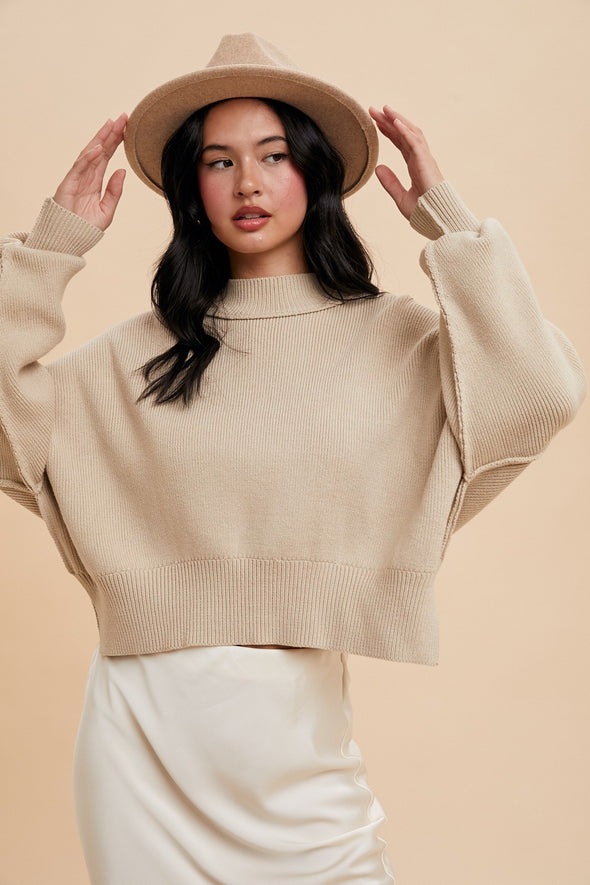 knit mock neck pullover sweater cropped exposed seams balloon sleeve side slit oversized relax fit oatmeal