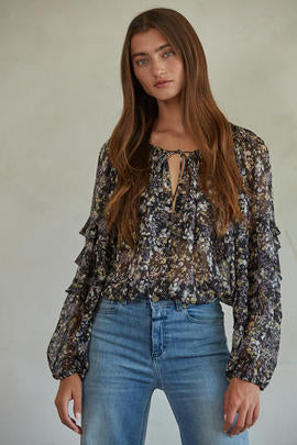 by together night call top floral print long balloon sleeve deep v-neck blouse top ruffle detail cropped elastic bottom