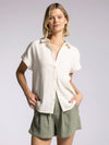 laira cotton button front short sleeve shirt collared rolled sleeve cuff relaxed fit thread & supply ivory camel stripe