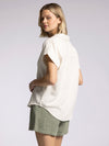 laira cotton button front short sleeve shirt collared rolled sleeve cuff relaxed fit thread & supply ivory camel stripe