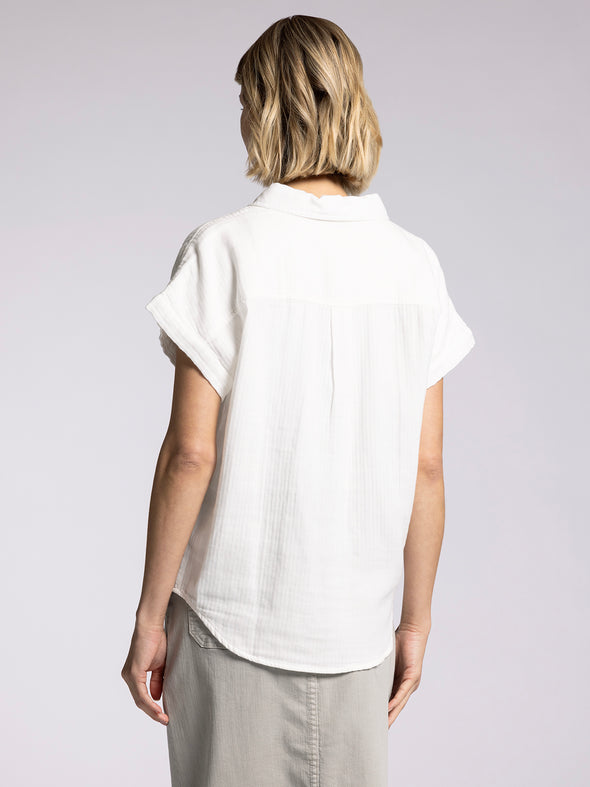 laira cotton button front short sleeve shirt collared rolled sleeve cuff relaxed fit thread & supply white