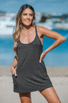 lavender j slouchy spaghetti strap v-neck athleisure romper dress built in shorts side pockets black charcoal