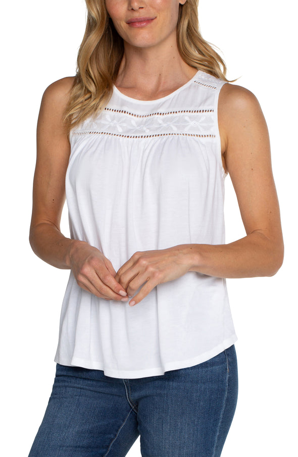 embroidered sleeveless knit to woven muscle tank eyelet detail liverpool