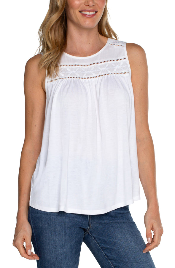 embroidered sleeveless knit to woven muscle tank eyelet detail liverpool