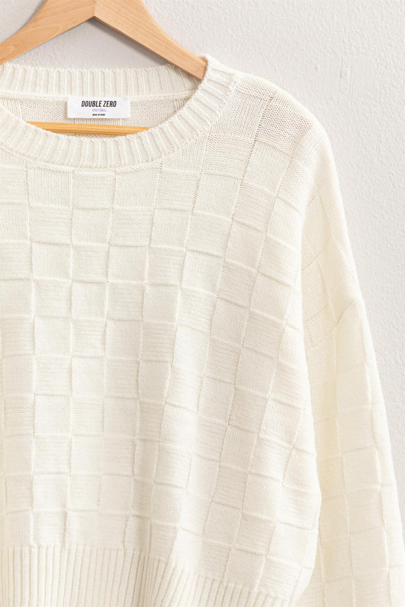 long sleeve square texture checkered cropped lightweight crewneck sweater cream