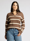 lotus sweater thread & supply brown pullover sweater striped collared relaxed fit v-neck